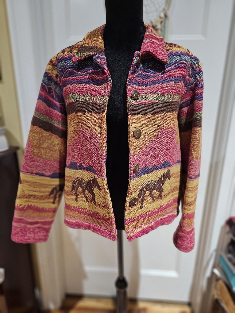 NEW DIRECTION Pink Multi Southwestern Horse Woven Jacket